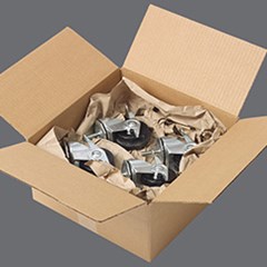 Paper packaging material is used for void fill to protect products inside a box package.